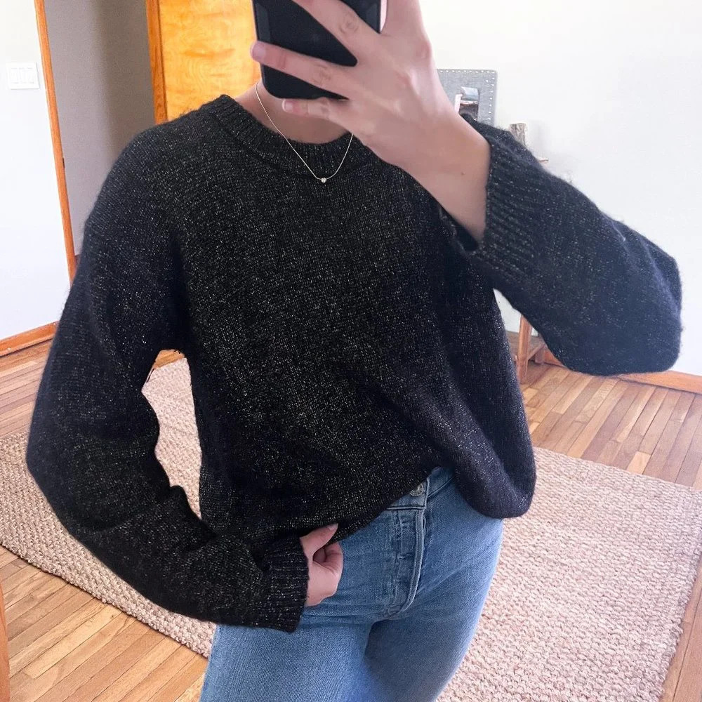 ALC Merino Wool Alpaca Blend Black Metallic Asymmetric Hem Designer Knit Sweater